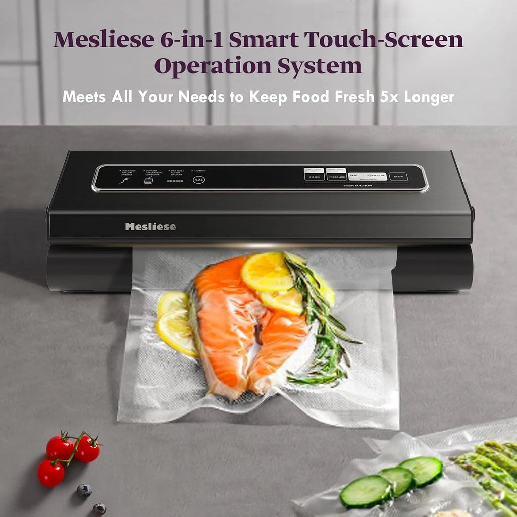Mesliese 90kPa Envasadora al Vacío, para Alimentos Secos/Húmedos, Gris | 6-in-1 Envasadora al Vacío Compacta, 2 Rollos de Bolsas & 5 Bolsas Precortadas, Succión Inteligente, Sellado al Vacío Externo