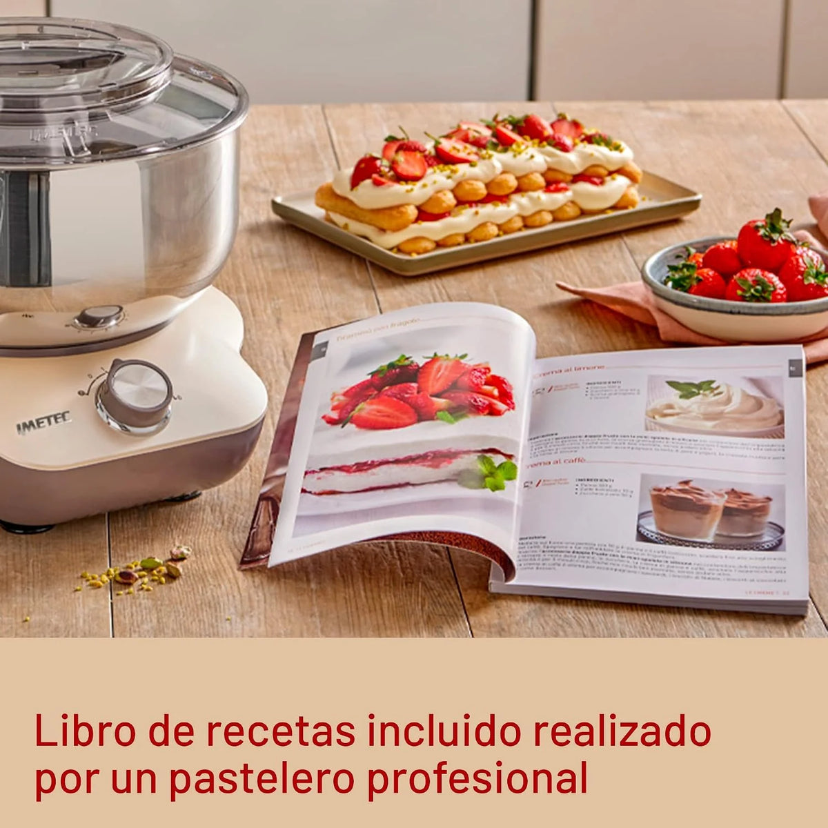 Imetec CakeLover, Batidora planetaria para dulces, Cremas y masas saladas, equipada, Compacta, 1500 W, Recipiente de acero inoxidable, 5 Litros, 6 Velocidades, Recetario, Color Negro/Beige