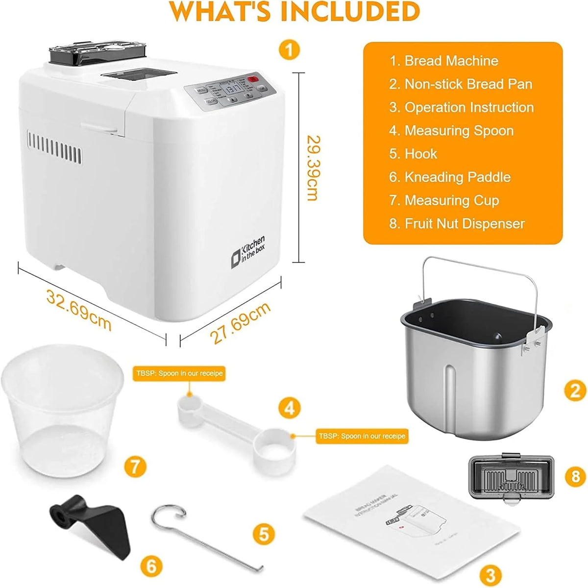 Kitchen in the box - Máquina para hacer pan, programas 12 en 1, ajuste sin gluten, dispensador automático de frutos secos y sartén antiadherente extraíble, 2 tamaños de pan (2 libras), temporizador de