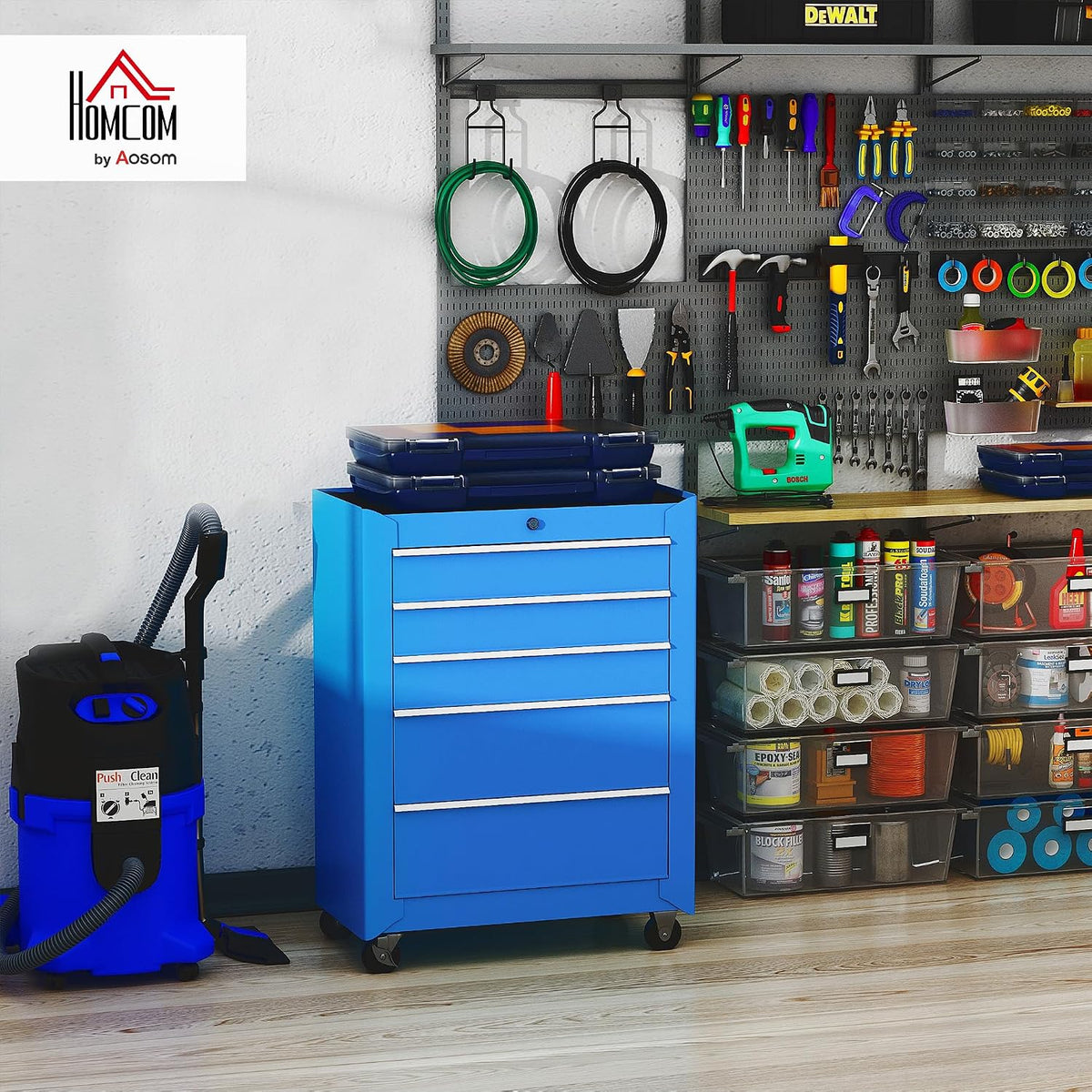 HOMCOM Carro Caja de Herramientas Taller Movil 5 Cajones 4 Ruedas Azul