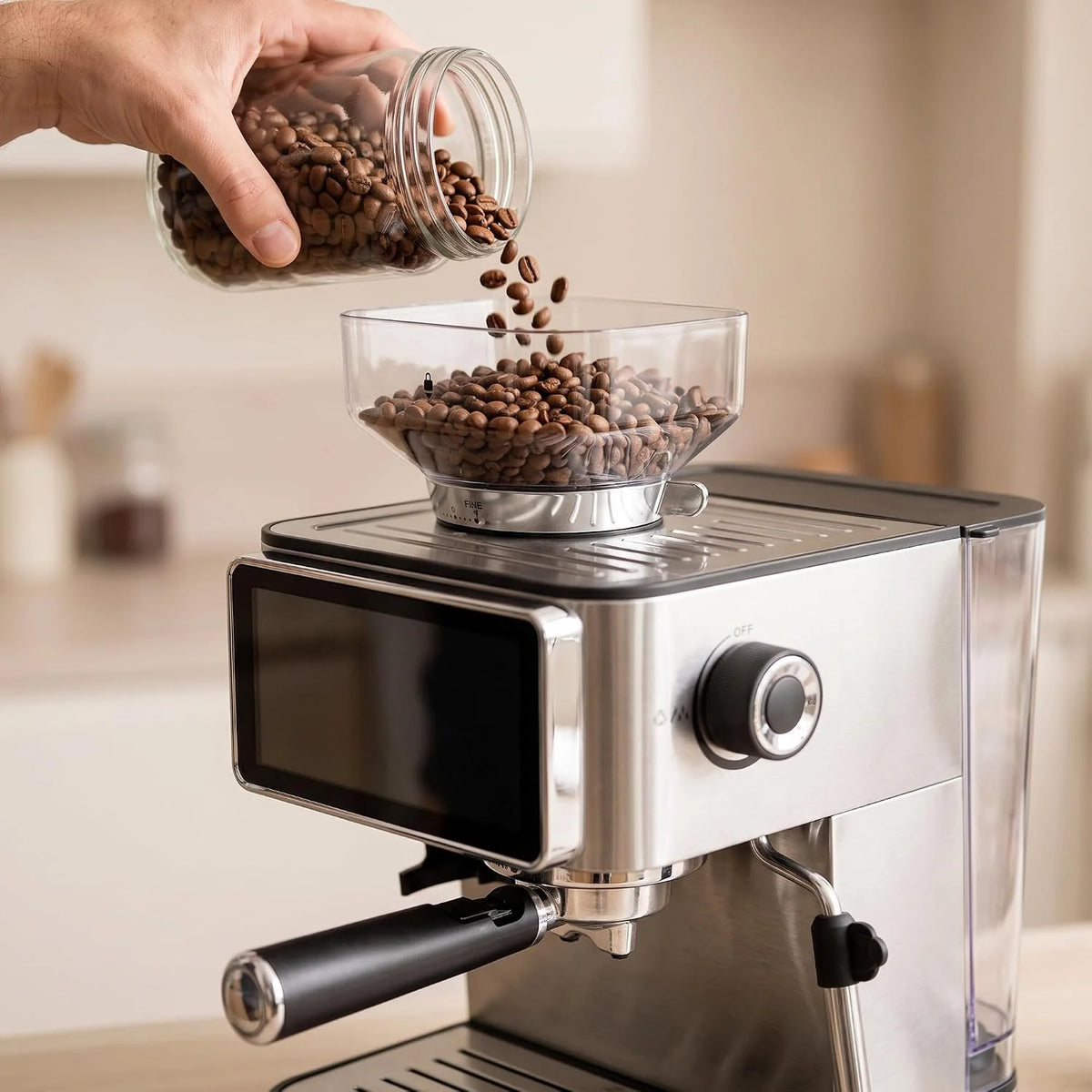 Jocca - Cafetera Espresso Semiautomática 20 Bar con Molinillo, Pantalla Táctil, 22 Niveles de Molienda, Vaporizador, Depósito 1,3L, 1450W, Acabado en cromado Acero Inoxidable