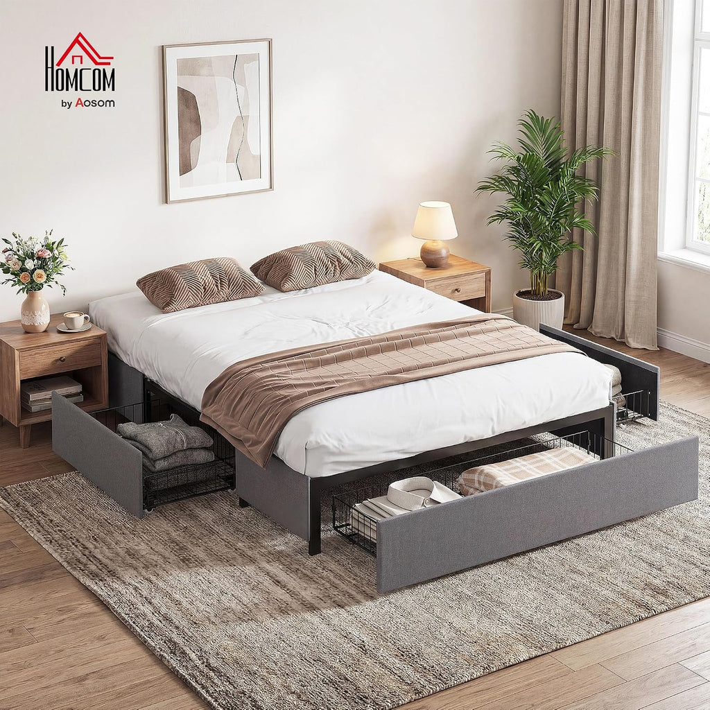 Homcom Double Bed 140 x 190 cm Double Bed Frame with Storage Grey