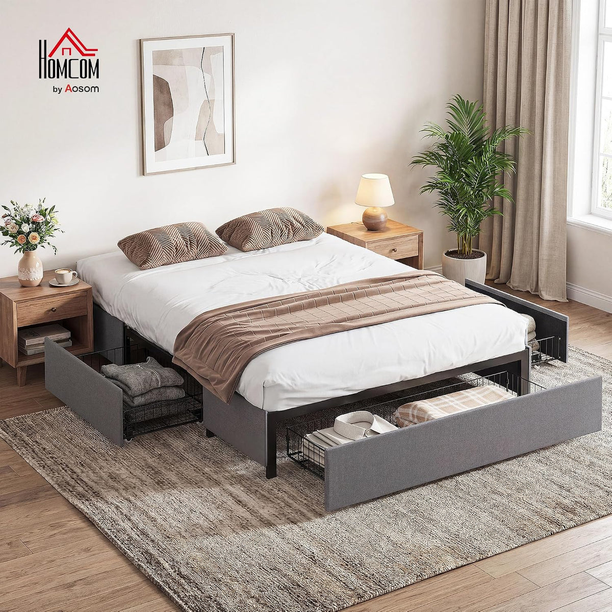 Homcom Double Bed 140 x 190 cm Double Bed Frame with Storage Grey