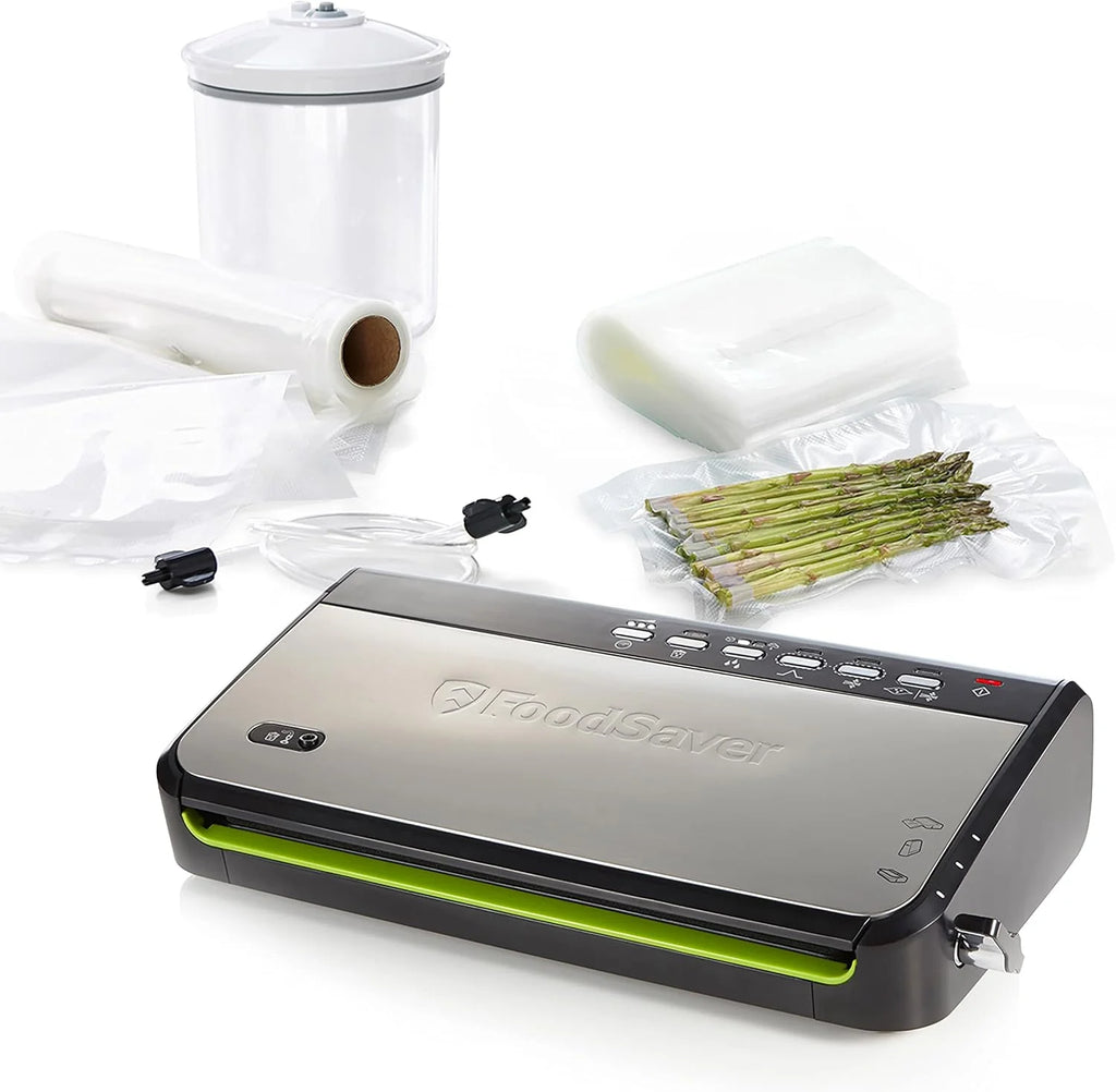 Foodsaver Envasadora al Vacío con almacenamiento de rollos integrado | Cortador de bolsas y modo para alimentos delicados | Incluye bolsas selladoras al vacío surtidas (FFS005X)