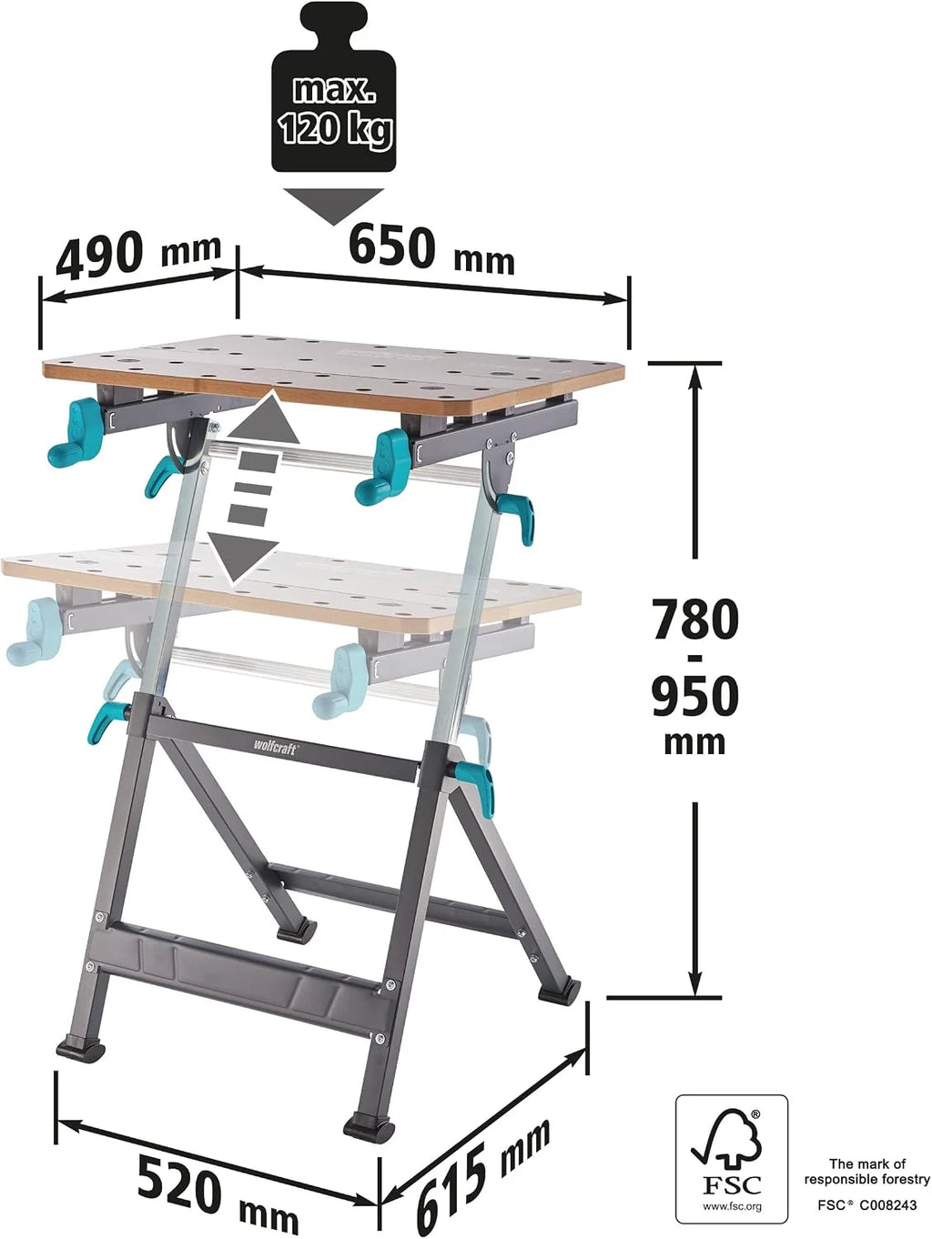 wolfcraft Mesa de Trabajo y sujeción Master 650 Ergo I 6870000 I La Mesa de sujeción de Altura Ajustable y portátil Que Permite Trabajar de Manera Flexible en Todos Tus proyectos