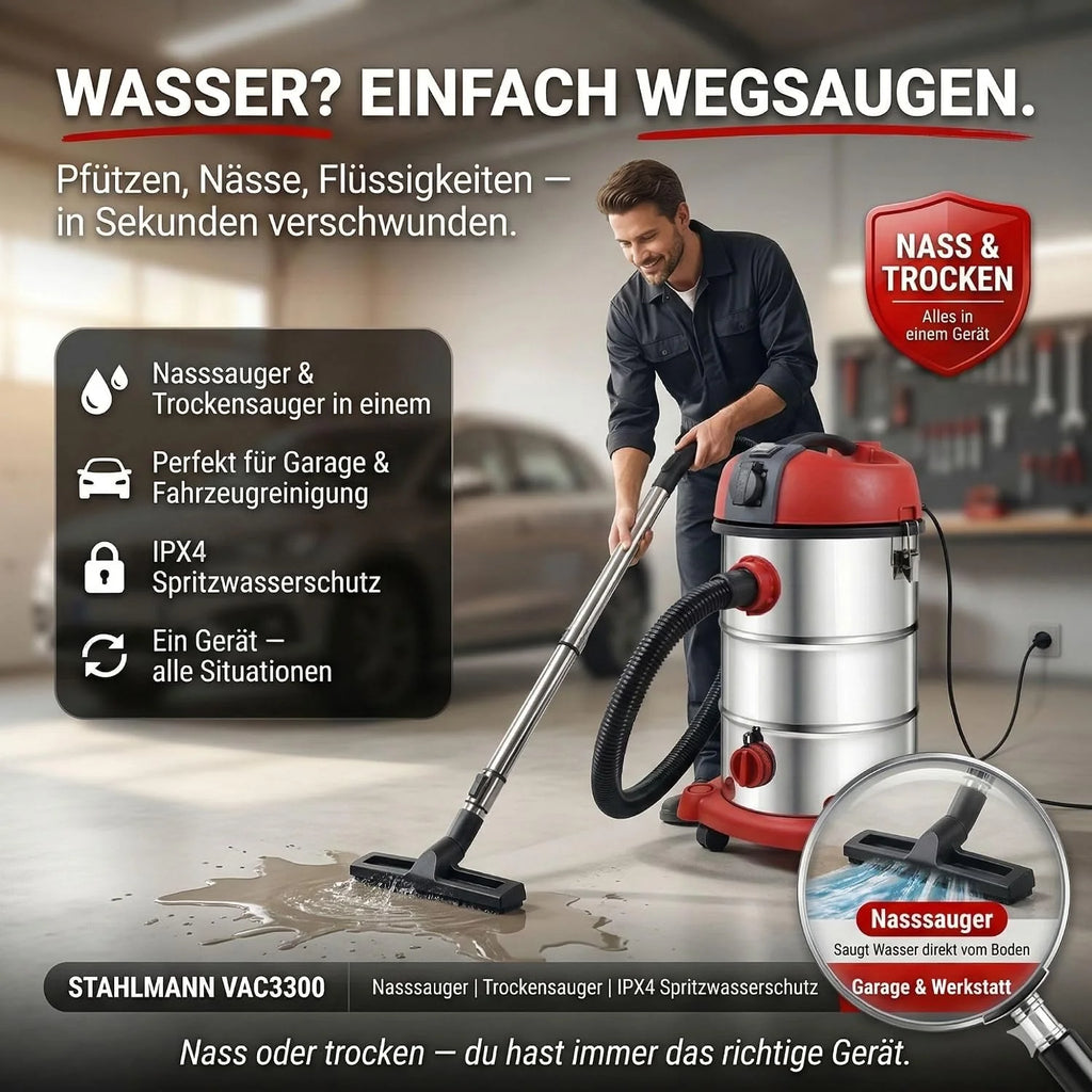 STAHLMANN VAC3300 - Aspiradora industrial en seco (depósito 30 L, enchufe integrado, 3300 W, con y sin bolsa, función de soplado, conexión a máquina, dispositivo profesional