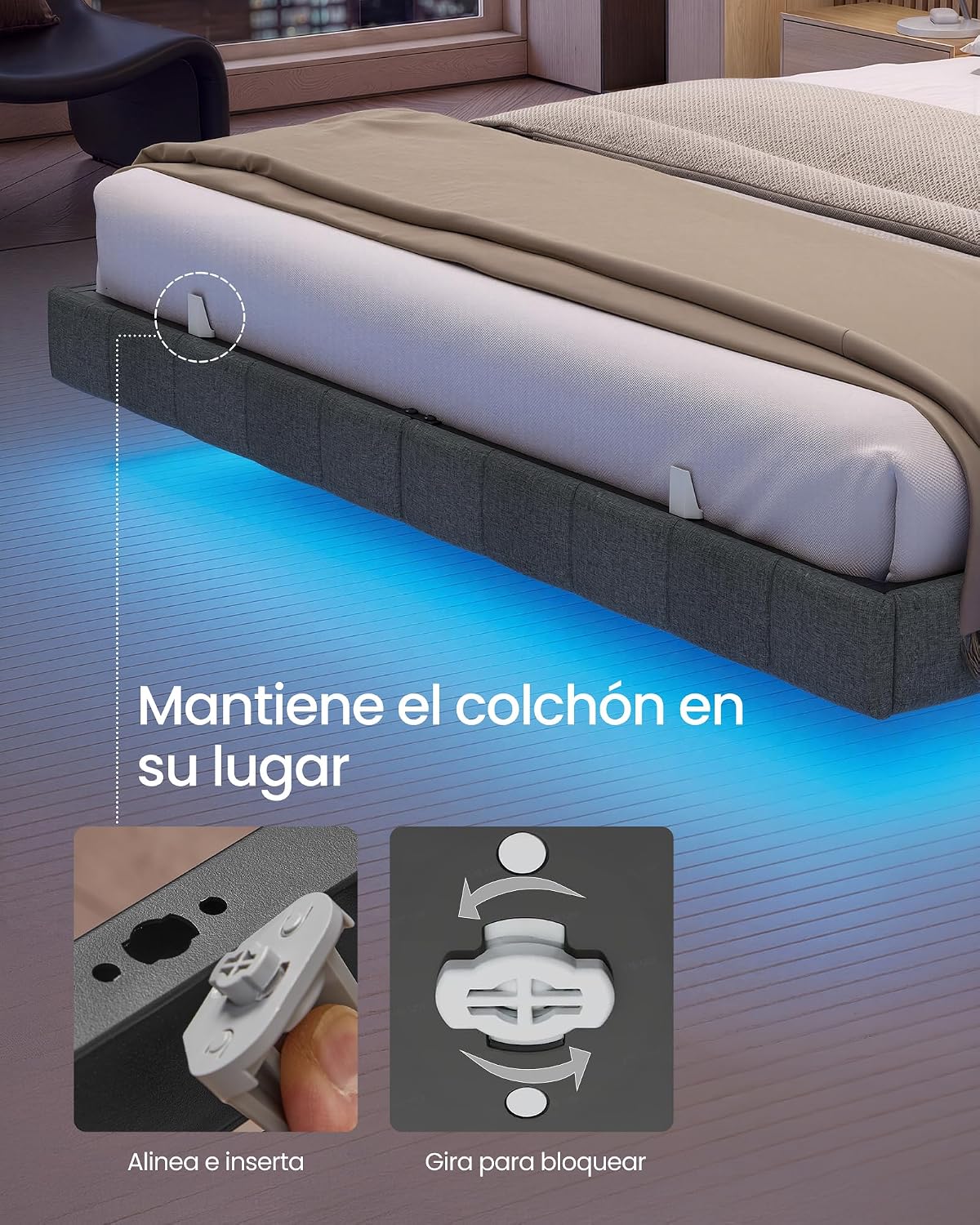 VASAGLE Floating Bed Frame, 16 x 200 cm, LED, 2 Sockets