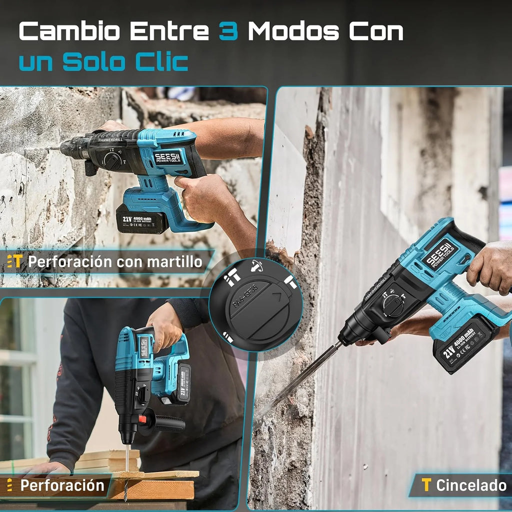 SEESII 4-in-1 Martillo Perforador a Baterías, Sistema de seguridad,SDS-plus