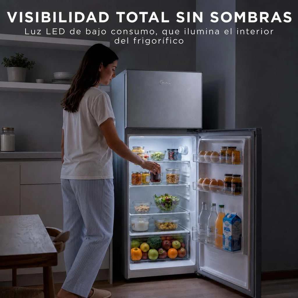 Midea Frigorífico 2 puertas 140 cm alto x 55 cm ancho, Inox, Capacidad 204 L, Nevera Pequeña con Congelador Low Frost de Bajo Consumo, Puerta Reversible, Luz LED, Silencioso 40dB, Cajón de Frutas