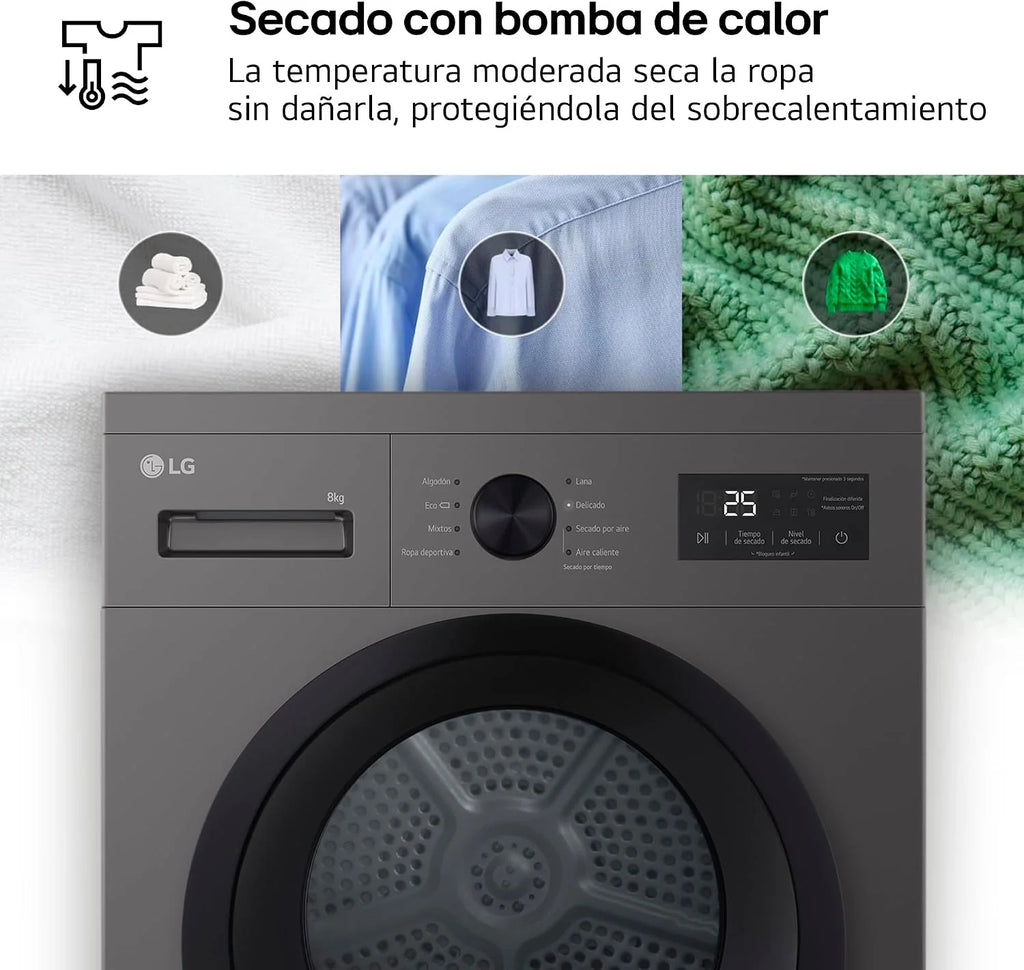 LG RHA1008NDK - Secadora de Ropa 8kg, Bomba de Calor y Carga Frontal, D, Secadora LG Serie 100, 65 dB, Secado por Bomba de calor, LED Display, Ahorra Energía y Tiempo, Color Grafito