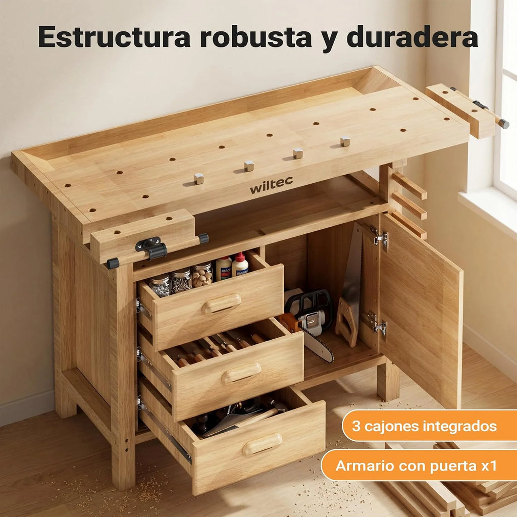Wiltec Banco de Trabajo de Madera 126x50x84 cm para carpintería con Pinzas de sujeción y cajones
