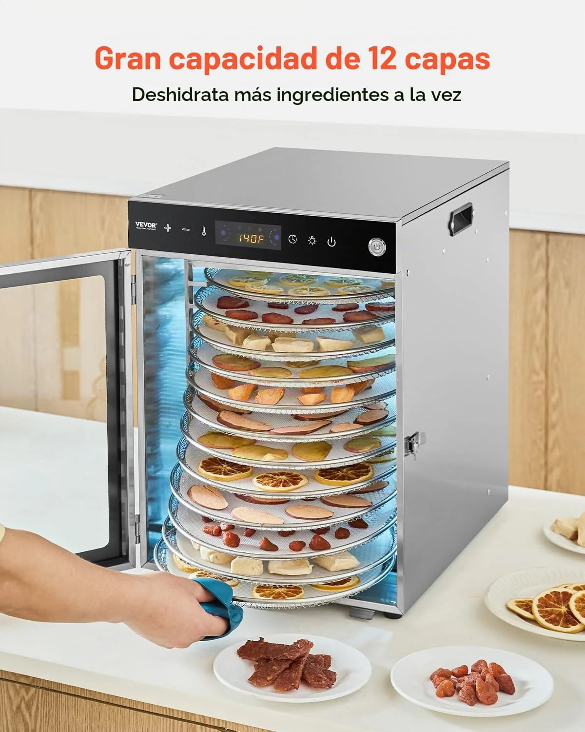 VEVOR Deshidratador de Alimentos 12 Bandejas de Acero Inoxidable Secador de Alimentos Eléctrico 800 W con Temperatura Ajustable y Temporizador de 24 Horas para Cecina, Frutas, Verduras, Hierbas