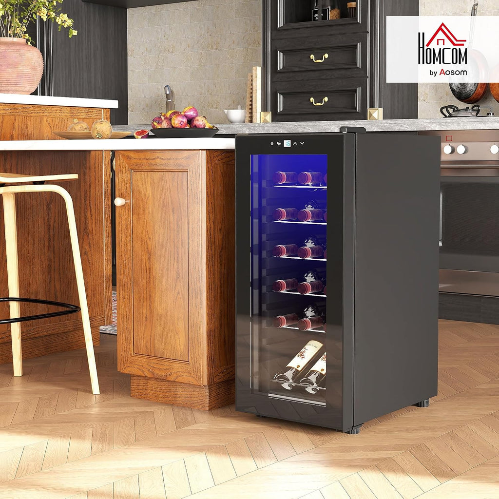 HOMCOM Nevera Vinos 18 Botellas 50L Vinoteca con Luz LED Interior Pantalla LED Táctil Digital Control de Temperatura Puerta de Vidrio Anti-UV y 5 Estantes de Metal Negro