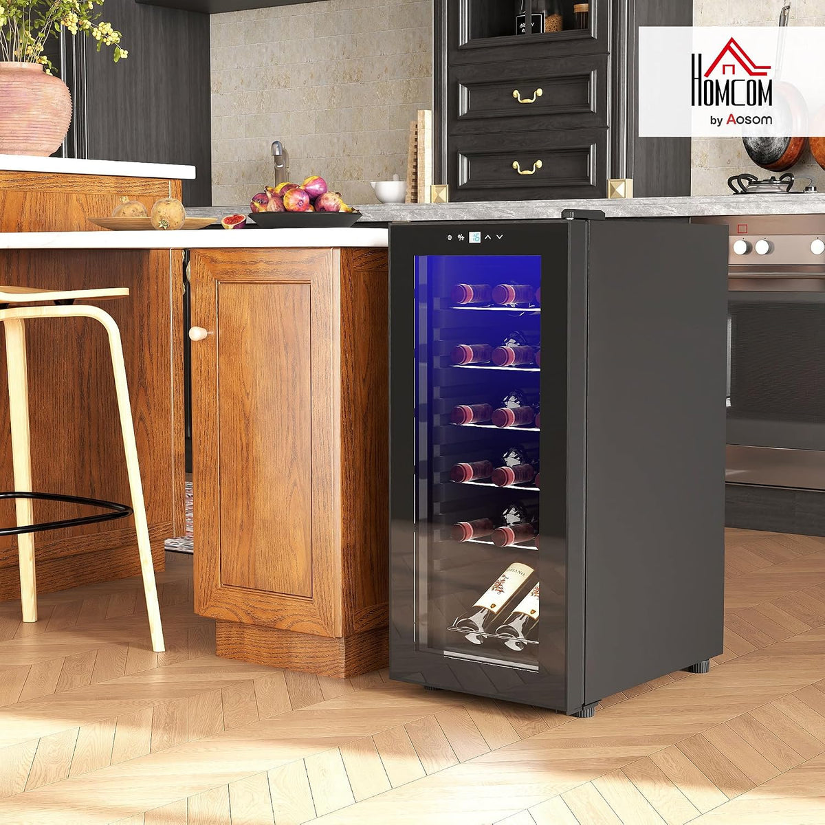 HOMCOM Nevera Vinos 18 Botellas 50L Vinoteca con Luz LED Interior Pantalla LED Táctil Digital Control de Temperatura Puerta de Vidrio Anti-UV y 5 Estantes de Metal Negro