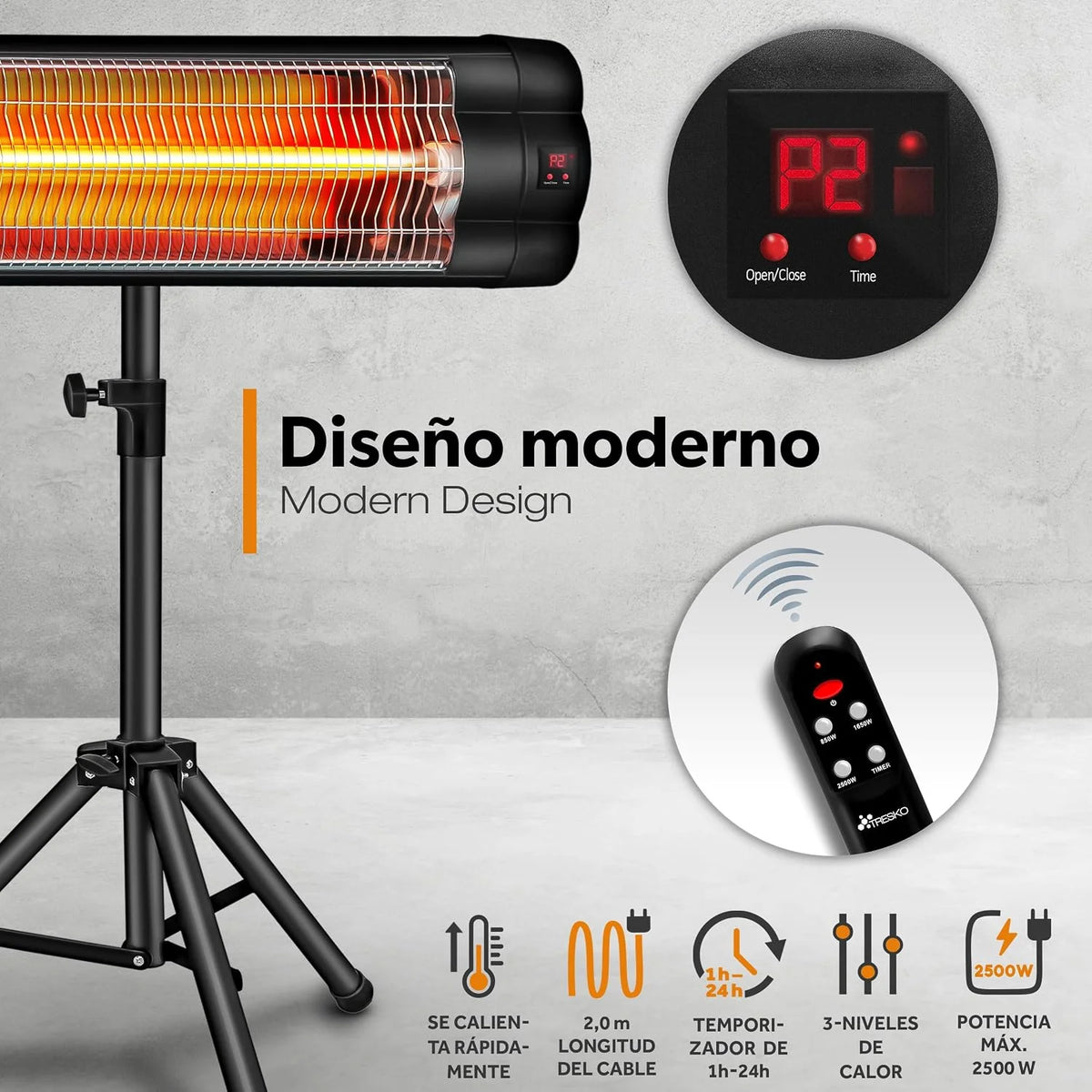 TRESKO Infrared Heater for Terrace | 2500W + Remote Control | Radiant Heater with 3 Temperatures | Electric Radiator for Outdoor and Indoor | Heater with Adjustable Height (Black)