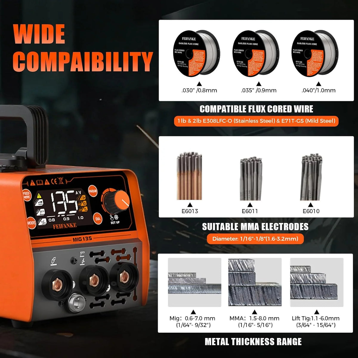 FEIFANKE MIG135 Soldador De Hilo Sin Gas 135A 230V Soldador Inverter Mini SinéRgico 3 en 1 Electrodo MIG TIG Maquina De Soldar AlimentacióN RáPida De Hilo Compatible con Hilo De Soldadura E308LFC-O