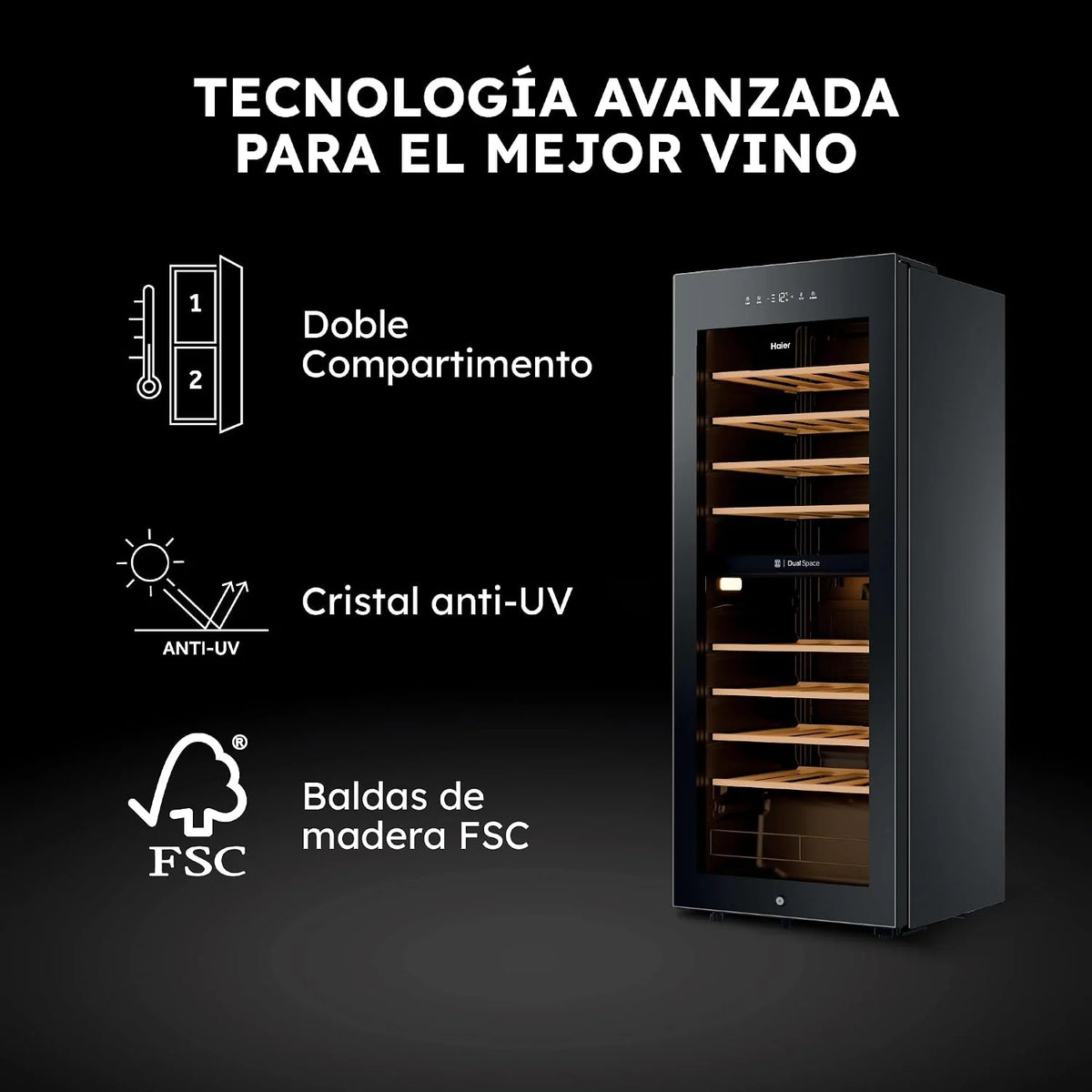 Haier Wine Bank 50 Series 5 HWS56GDG - Vinoteca de 56 botellas, 2 Zonas independientes, Estantes de madera, Filtro Anti-UV, Sistema Antivibración, Display Digital, Iluminación LED, 37 dbA, Negra