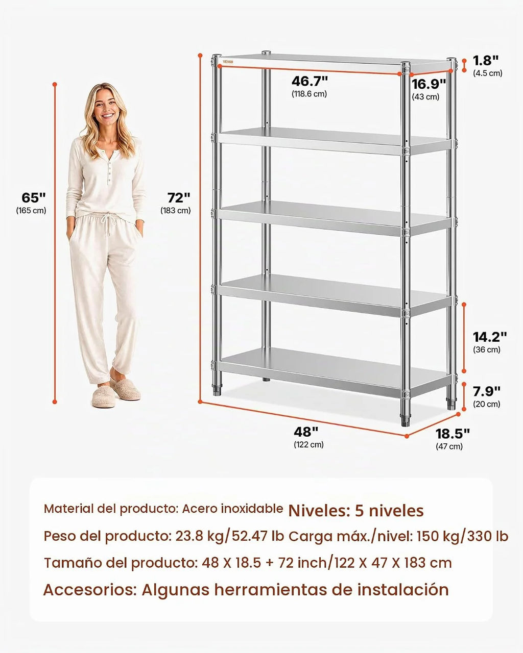 VEVOR Estantería de Acero Inoxidable de 48 x 18.5 Pulgadas, 5 Niveles Ajustables, estantería de Acero Inoxidable Resistente para Cocina, Oficina, Garaje, Almacenamiento, 330 Libras por Estante