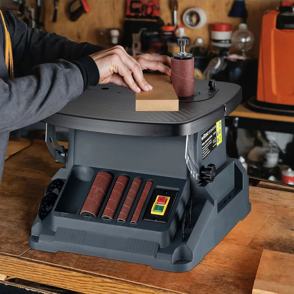 Wiltec Lijadora de banda con husillo oscilante 500 W inclinable hasta 45° pulidora de cinta con 5 manguitos de lijado y carrera de oscilación de 16 mm, 2000 rpm