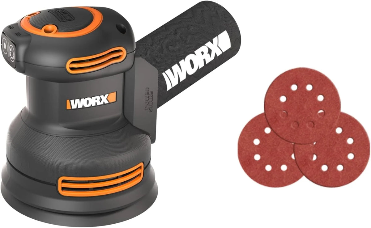 WORX NITRO – Lijadora excéntrica inalámbrica de 20 V – Bandeja de lijado de 125 mm – Ideal para superficies planas o curvas – Sin escobillas – Velocidad variable – Se entrega sin batería ni cargador –