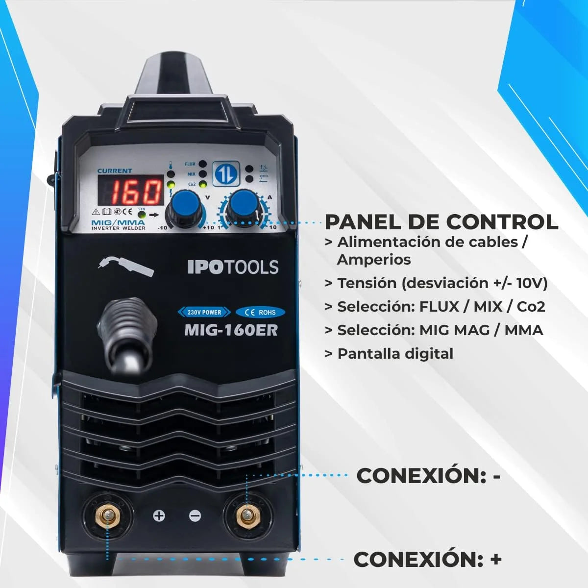 IPOTOOLS MIG-160ER Máquina de soldar MIG MAG - Máquina de soldar MIG con 160A 230V IGBT, Máquina de electrodos 3 en 1 MIG Flux MMA, Máquina de soldadura inverter portátil, 7 años de garantía