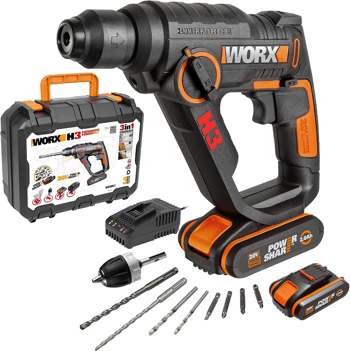 Worx WX390.1 Martillo SDS-Plus 20V 1,2J 2 Baterías Maletín