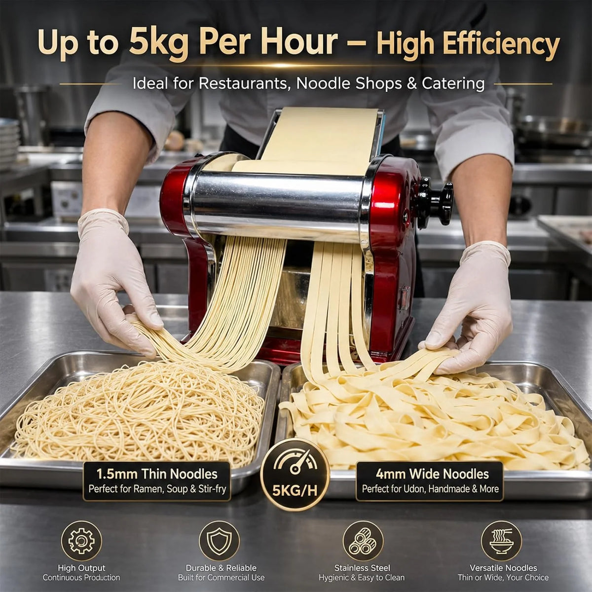 Máquinas Eléctricas Para Pasta - Fabricante de Fideos con Rodillo y Doble Cuchilla de Acero Inoxidable - 1.5mm (Redondo) y 4mm (Plano) - Para Uso Doméstico y Comercial