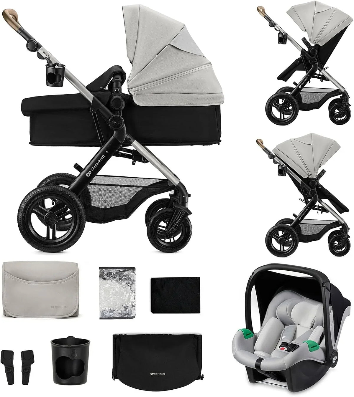 Kinderkraft MOOV XL 3 en 1, Carrito bebé hasta 27 kg, Carro, Con Asiento I-SIZE 40-75 cm, Plegable, Amortiguación, Convertible, Capazo XL, Con accesorios, Gris Claro