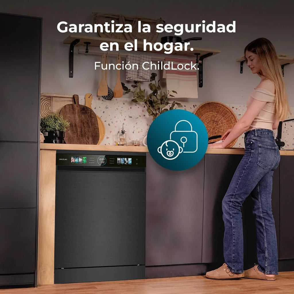 Cecotec Lavavajillas Compacto de 60 cm Bolero Aguazero 6320 Dark D, 1900W, 15 Cubiertos, 8 Programas, Pantalla FullColor XXL, Smart Wash, Turbo Dry+, AutoClean, Media Carga, Delay Start, ChildLock