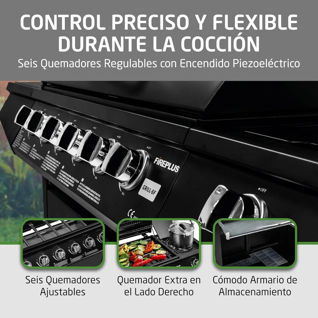 Barbacoa de gas Fireplus 6+1 de 12,9 kW - Acero inoxidable Negro - Parrilla con ruedas Modelo GRILL-6F - Barbacoa XXL con carro y termómetro - 138x52x103 cm - 7 quemadores y Bandeja lateral