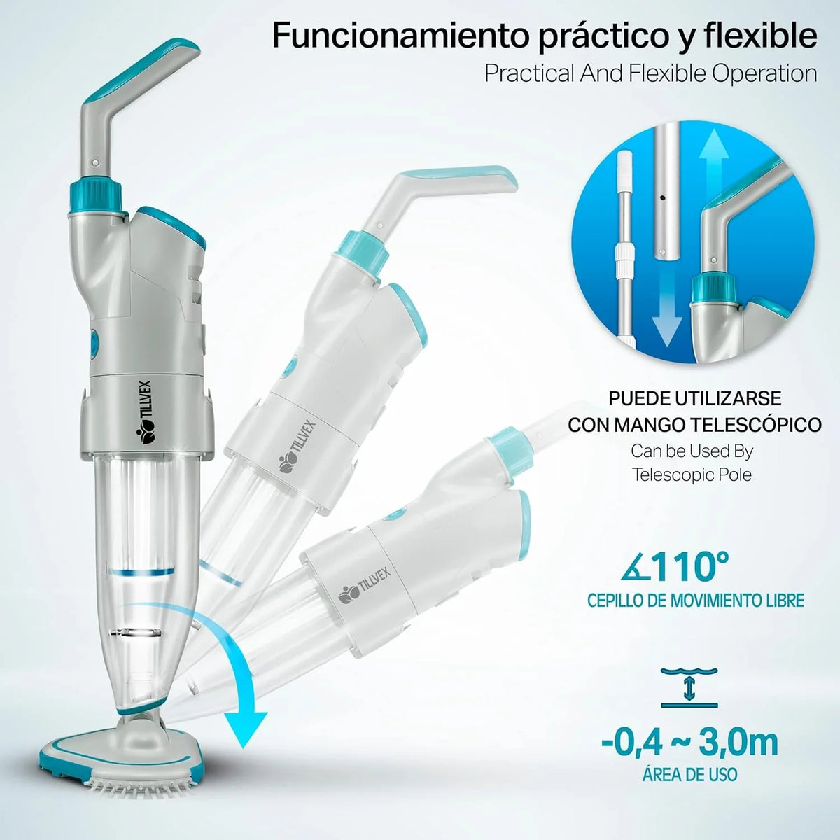 tillvex Limpiafondos Eléctrico de Piscina | Set Aspirador de Fondo Automático con Mango Telescópico | Aspiradora Inalámbrica de Limpieza con Filtro y 2 Velocidades