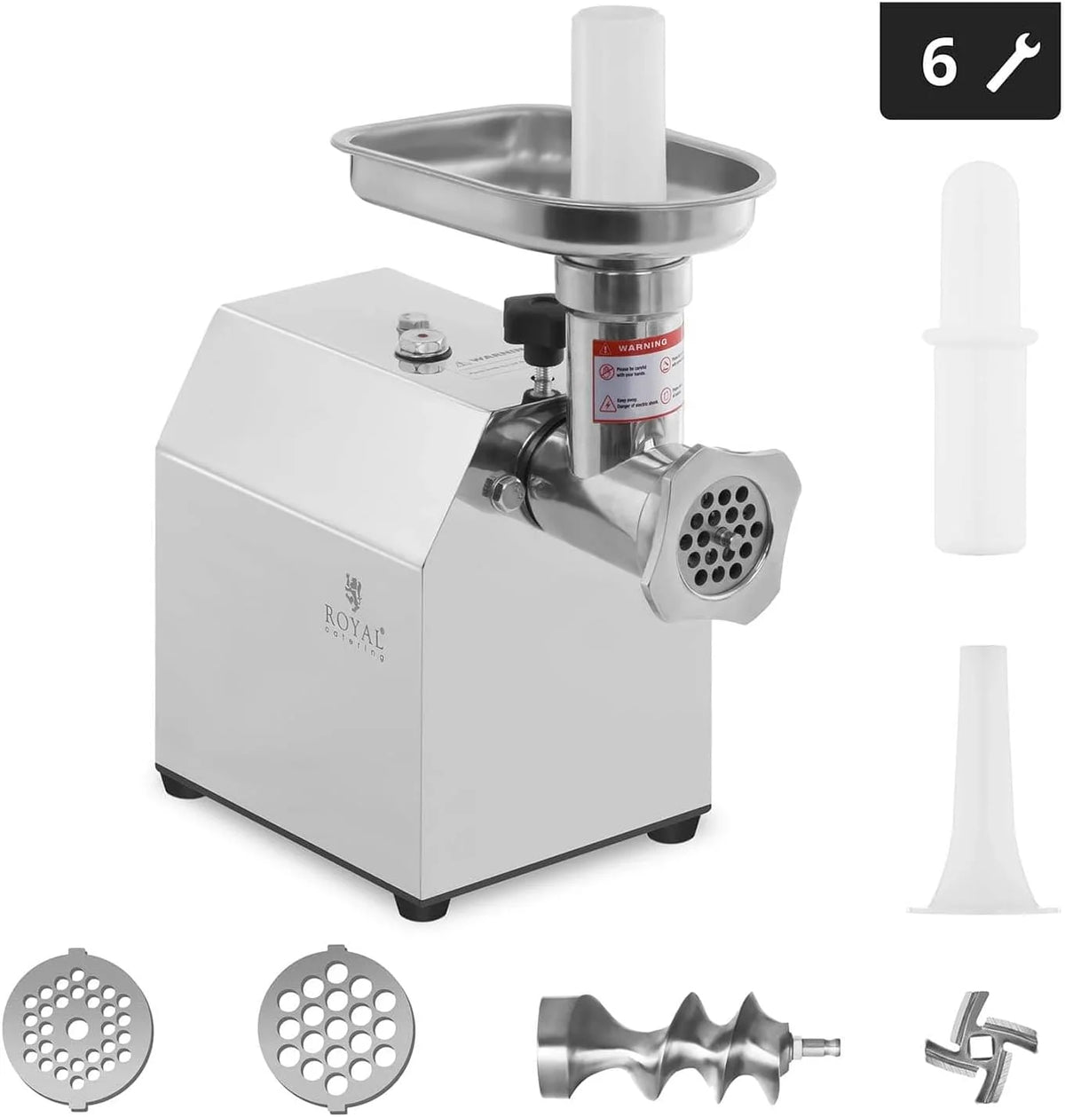 Royal Catering RCFW 70-600ECO Picadora de Carne Eléctrica Profesional (70 kg/h, 600 W, Marcha Retrógrada, Orificios de 5/7 mm, Acero Inoxidable) ECO