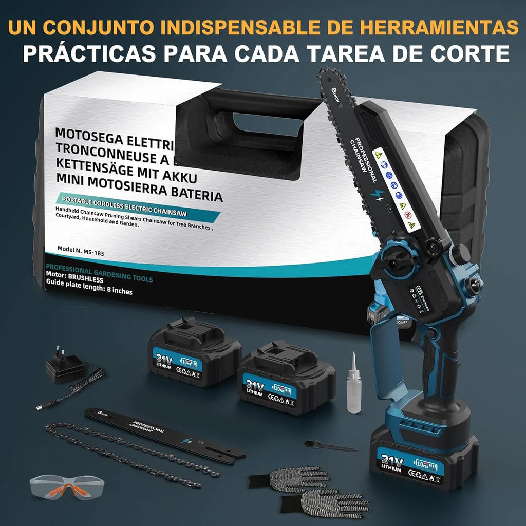 2-en-1 8 Pulgadas Mini Motosierra y Motosierra de Pértiga Inalámbrica con 2 Baterías de 4000mAh, Motosierra sin Escobillas con Telescópicas para Exterior, Extensible hasta 4M