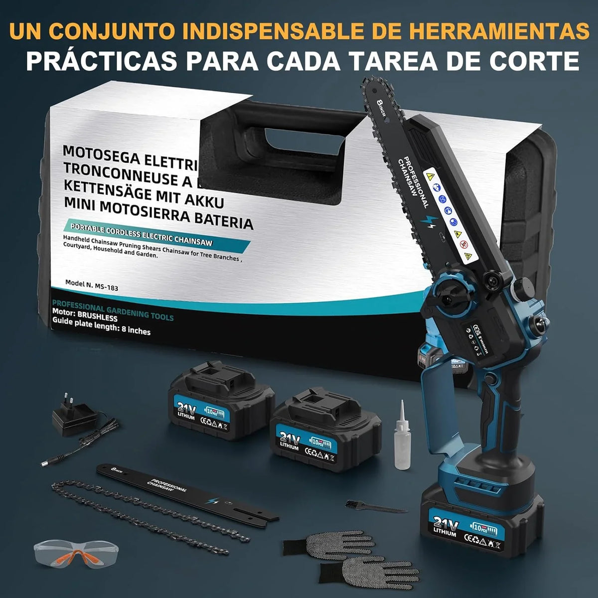 2-en-1 8 Pulgadas Mini Motosierra y Motosierra de Pértiga Inalámbrica con 2 Baterías de 4000mAh, Motosierra sin Escobillas con Telescópicas para Exterior, Extensible hasta 4M