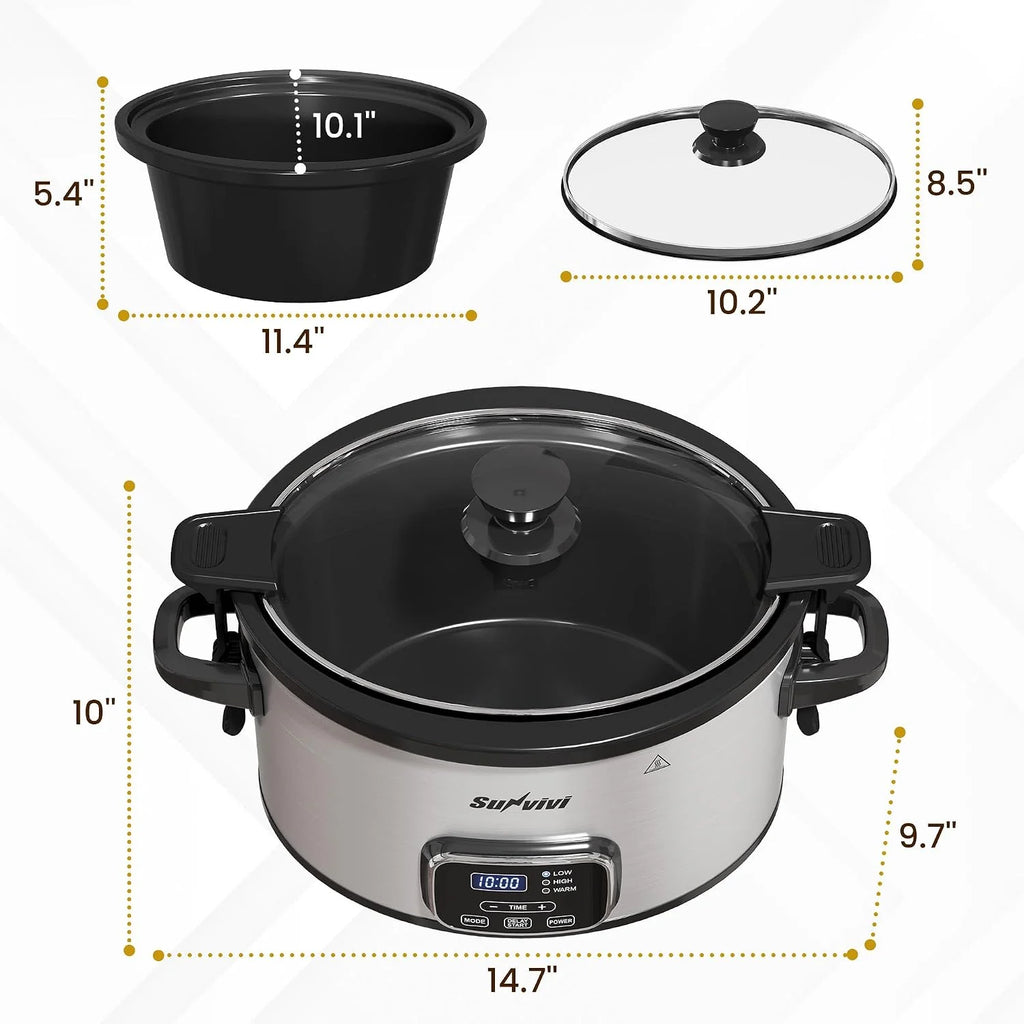 Olla de cocción lenta programable de 4 cuartos de galón, con tapa de bloqueo, calentador de alimentos con 3 modos de calentamiento y temporizador, olla de cerámica extraíble y tapa de vidrio, acero