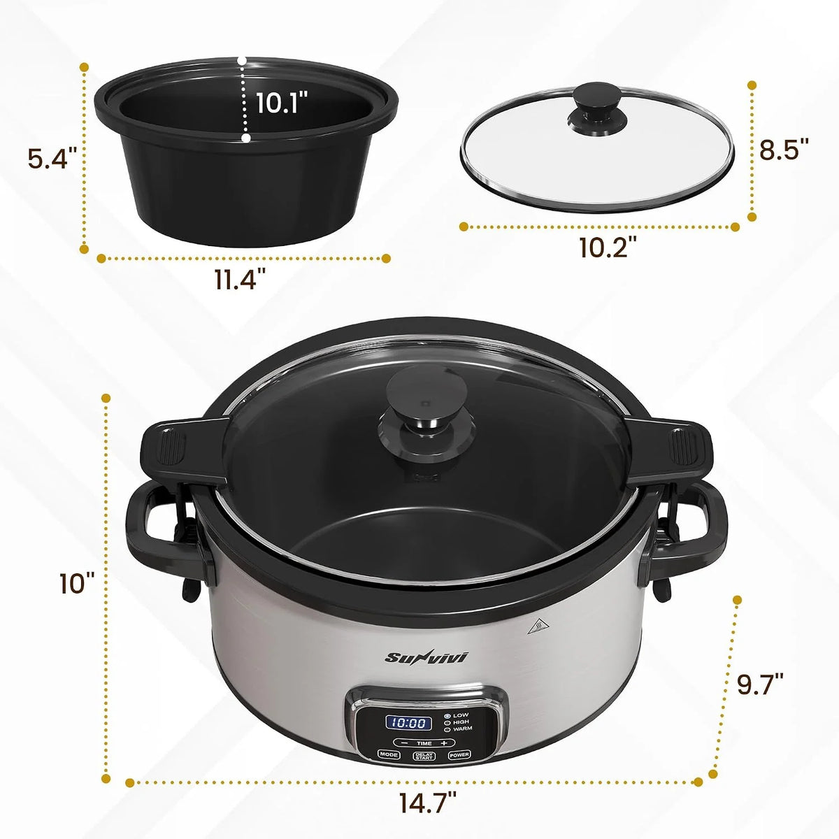 Olla de cocción lenta programable de 4 cuartos de galón, con tapa de bloqueo, calentador de alimentos con 3 modos de calentamiento y temporizador, olla de cerámica extraíble y tapa de vidrio, acero
