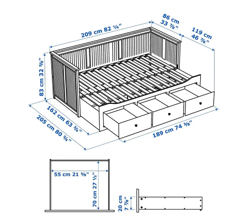 HEMNES Cama día con 3 cajones Gris, 80x200 cm