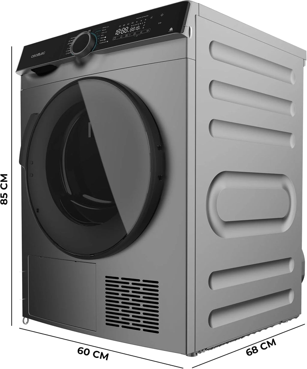 Cecotec Secadora de Ropa Bomba de Calor 10kg Bolero Dresscode Dry 10505 Inverter Steel. Clase Equivalente A+++, 14 Programas, Funciones como UV Care, Planchado Fácil, Certificación Woolmark, Inox