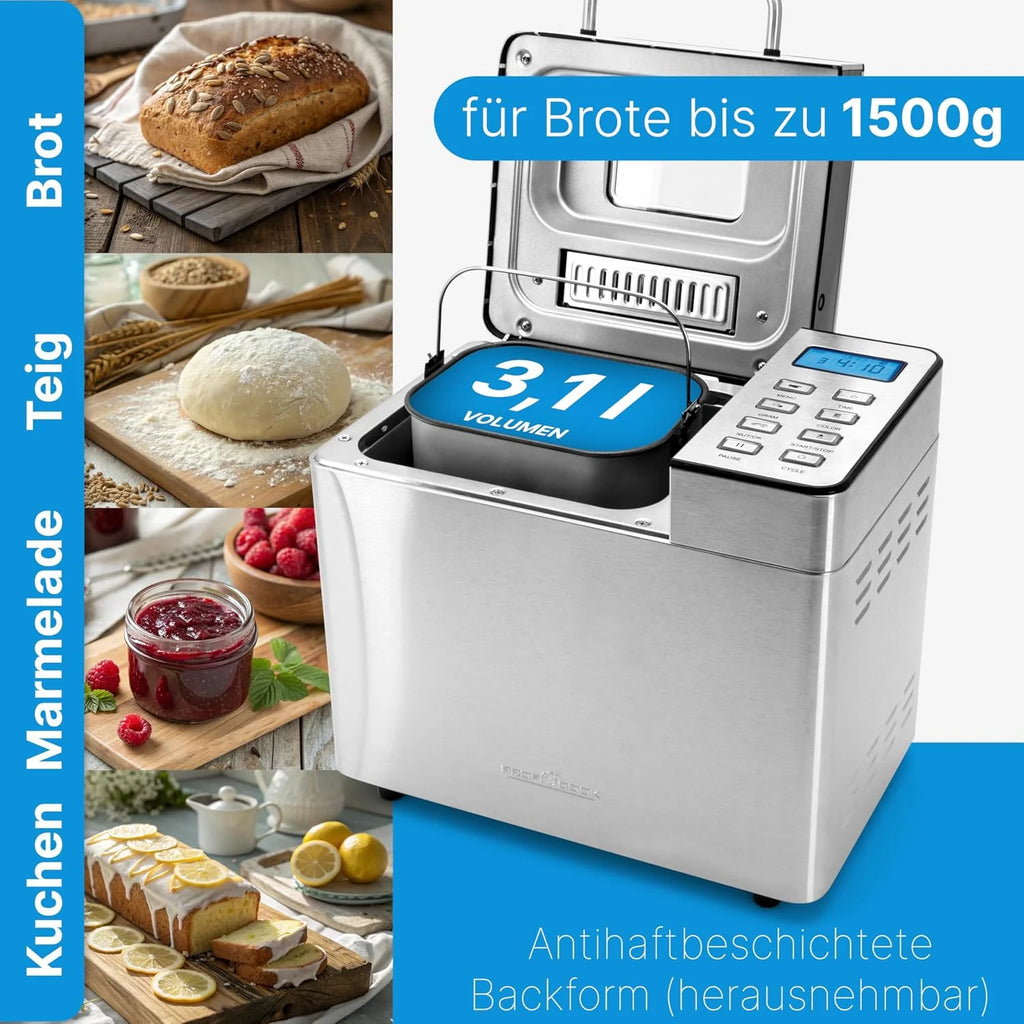 Panificadora ProfiCook® con temporizador | Dorado de la corteza ajustable (claro, medio, oscuro) | 13 programas | Panificadora | Máquina para hacer pan | acero inoxidable | PC-BBA 1282