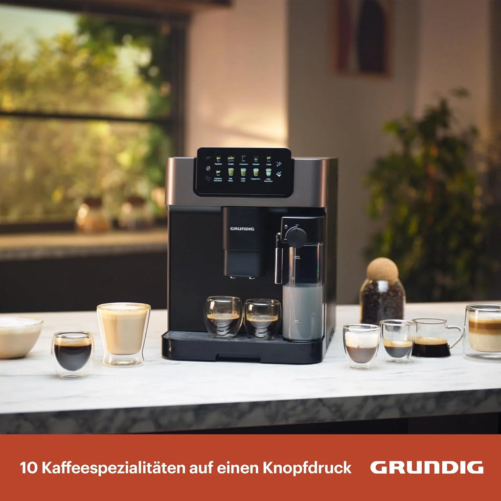 Grundig KVA 7230 Máquina automática de café, 10 especialidades de café, 13 niveles de molienda, tanque de leche, potencia de 1350 W, presión de bomba 19 bar, doble boquilla, iluminación, negro/plata