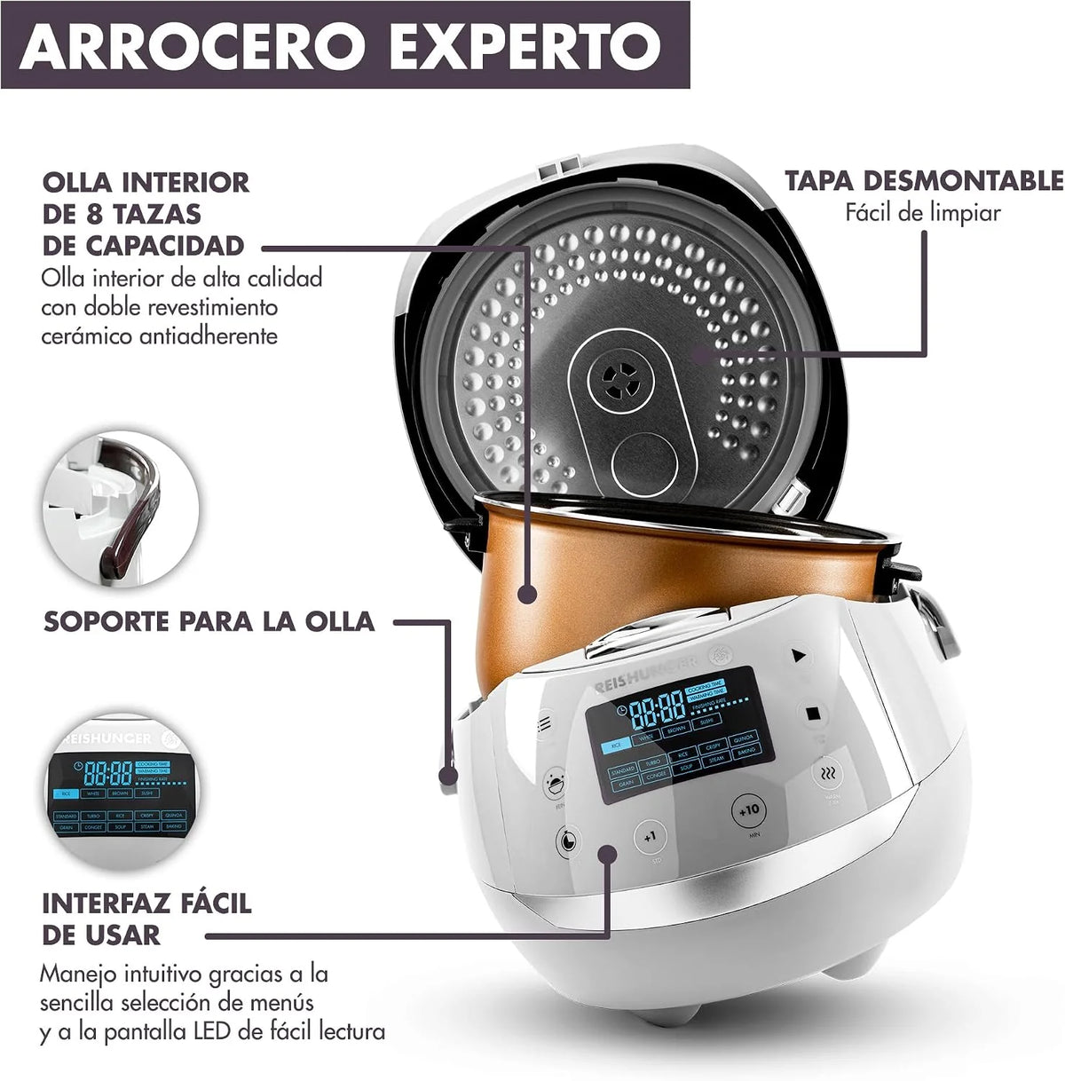 REISHUNGER Olla Arrocera Eléctrica y Vaporera – 1,5 L – Negra