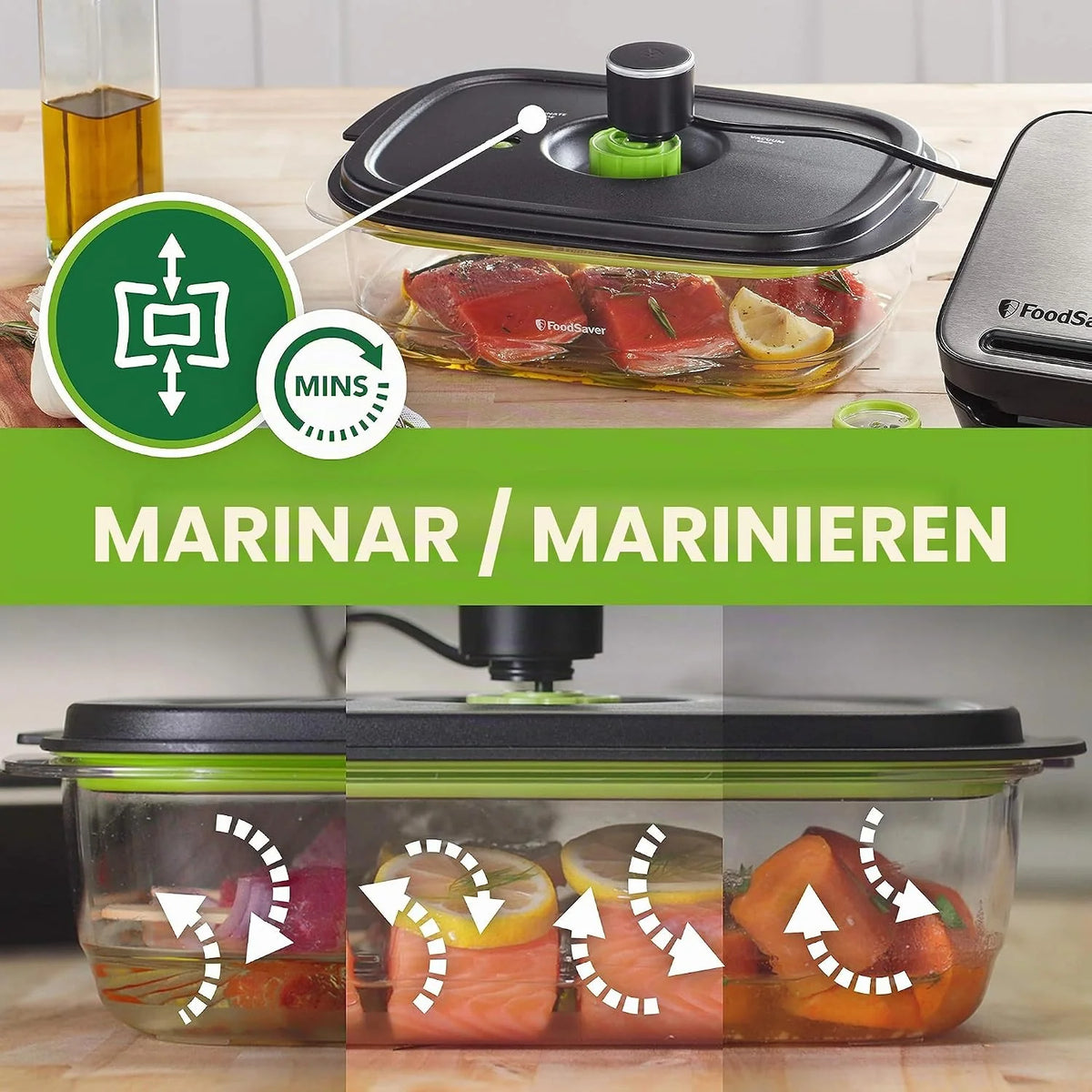 FoodSaver Premium VS3190X Envasadora al vacío, 1 Rollo, 4 bolsas & 4 bolsas con cierre tipo zip, Acabado plata y negro + Recipiente para conservar y marinar al vacío