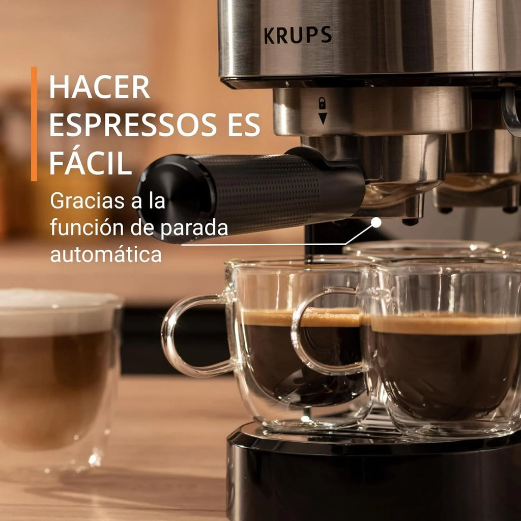 Krups Virtuoso Essential - Cafetera espresso 15 bar, acero inox negro, diseño compacto y elegante, parada automática, espresso y cappuccino, Thermoblock, boquilla de vapor, incluye cuchara, XP4418