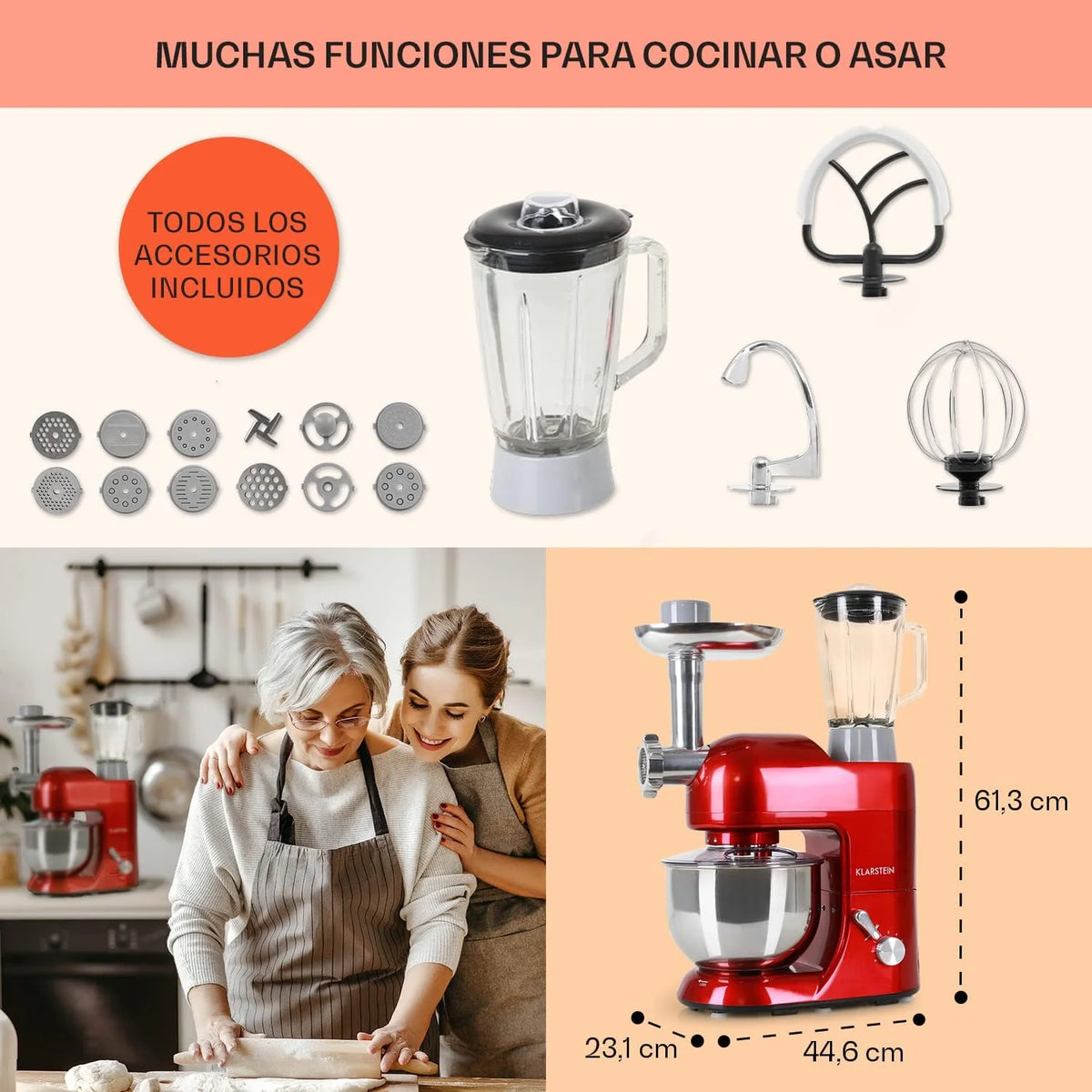 Klarstein Batidora Amasadora con Bol, 5L para Hornear, Robot Cocina, Amasadora Reposteria 1800W, Picadora Carne, Gancho y Bol para Mezclar con Varillas Rotación Planetaria 6 Velocidades