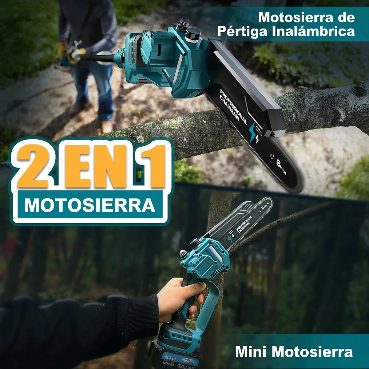 2-en-1 8 Pulgadas Mini Motosierra y Motosierra de Pértiga Inalámbrica con 2 Baterías de 4000mAh, Motosierra sin Escobillas con Telescópicas para Exterior, Extensible hasta 4M