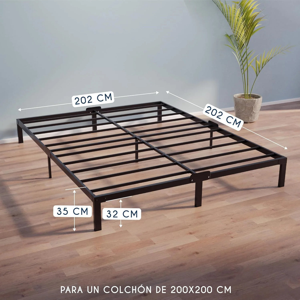 Dreamzie - 200 x 200 cm Black Metal Bed Frame Height 35 cm