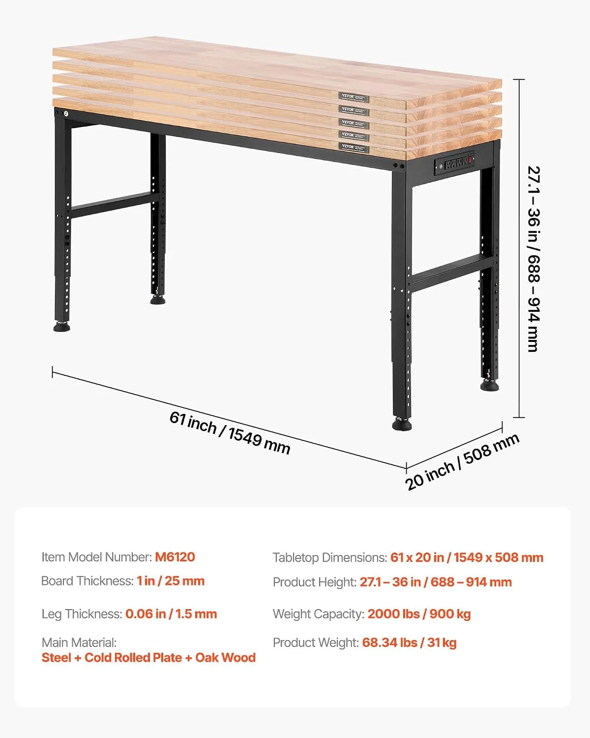 VEVOR Banco de Trabajo Ajustable Mesa de Trabajo de Garaje 1550x510 mm Alturas 688-910 mm Carga de 900 kg con Tomas de Corriente Estructura de Metal y Almohadillas para los Pies, para Taller