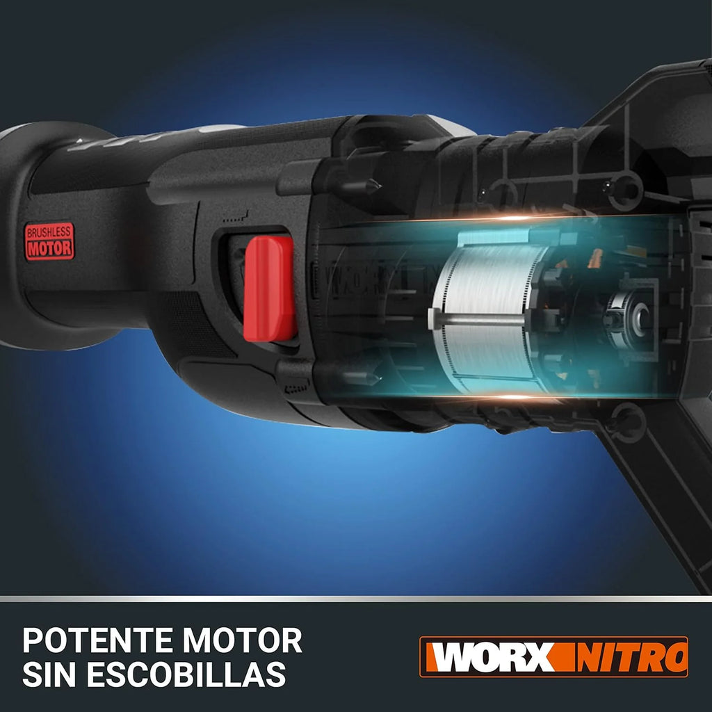 WORX Sierra sable Brushless 20V | PowerShare | WX516.9 - Sin batería, ni cargador | Motor sin escobillas, patín pivotante ajustable, cambio de cuchilla sin herramientas