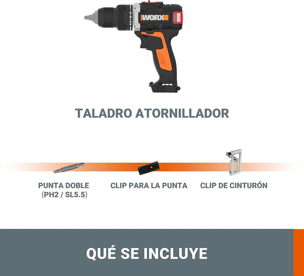 Taladro atornillador Brushless 20V WORX | PowerShare | WX175.9 - Sin batería, ni cargador | motor sin escobillas