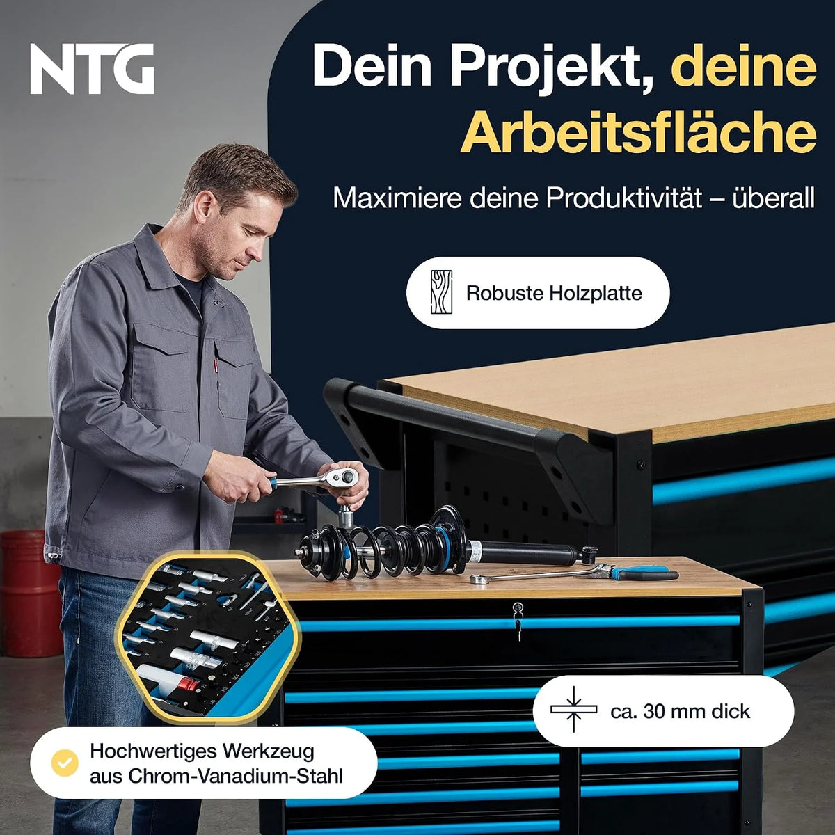 NTG Carro de herramientas XXL – 471 piezas incluidas – 12 cajones con tablero de trabajo de madera, con llave, móvil sobre ruedas – Gabinete profesional de metal para garaje y taller